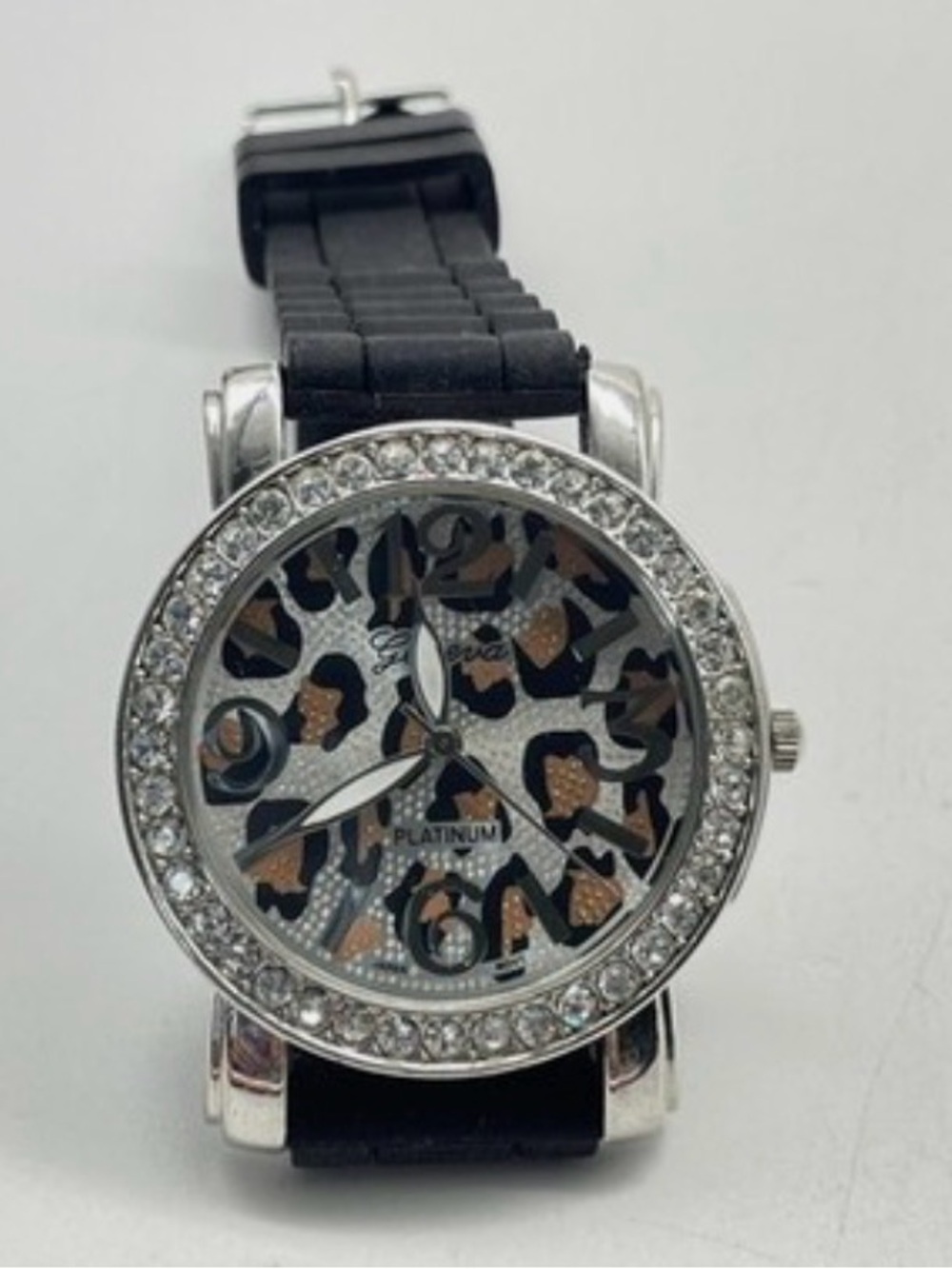 New Watch Platinum Women's Leopard Accent Crystal Bezel Black Gold New Battery